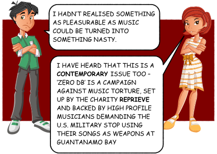 I HADN’T REALISED SOMETHING AS PLEASURABLE AS MUSIC COULD BE TURNED INTO SOMETHING NASTY. I HAVE HEARD THAT THIS IS A CONTEMPORARY ISSUE TOO – ‘ZERO DB’ IS A CAMPAIGN AGAINST MUSIC TORTURE, SET UP BY THE CHARITY REPRIEVE AND BACKED BY HIGH PROFILE MUSICIANS DEMANDING THE U.S. MILITARY STOP USING THEIR SONGS AS WEAPONS AT GUANTANAMO BAY